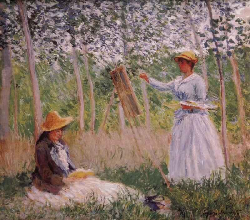 Claude Monet Suzanne Reading and Blanche Painting by the Marsh at Giverny